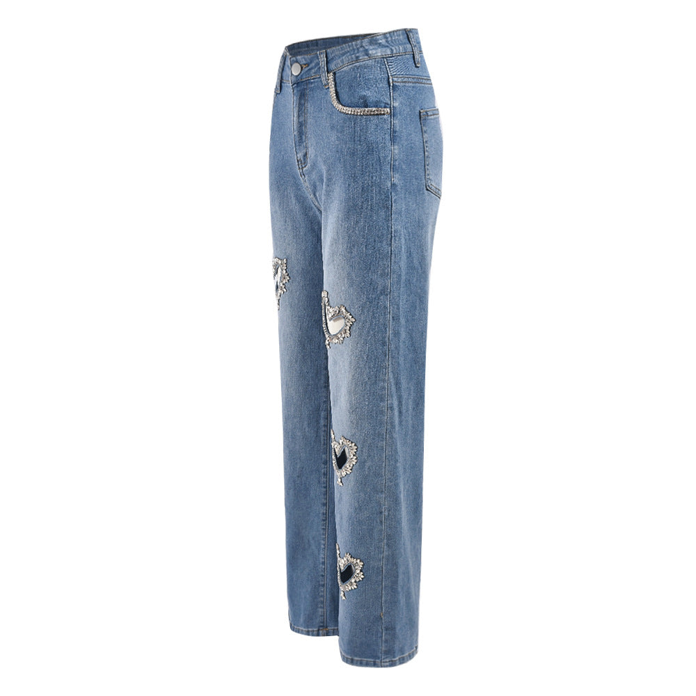 Women summer Style hollow Beaded washed Denim trousers 12