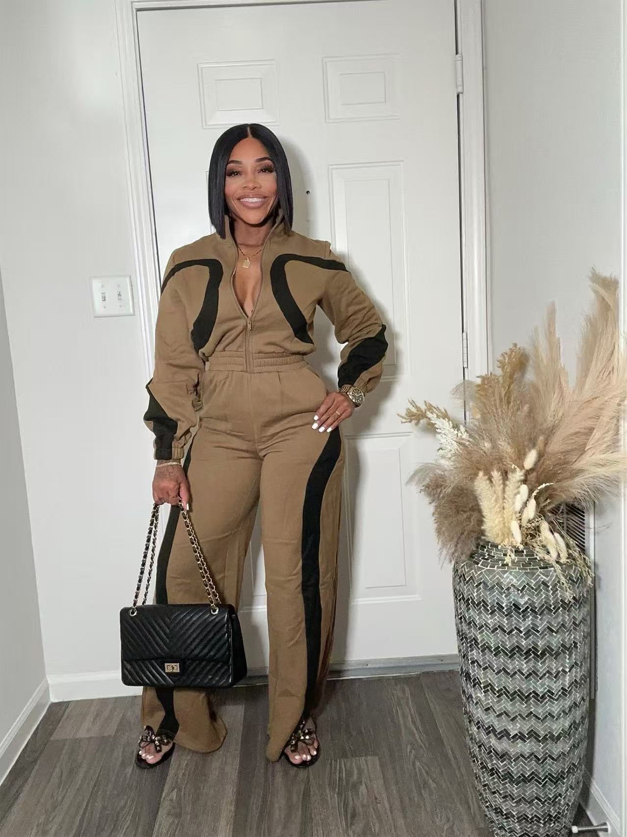 Women's Fashion Casual Sports Winter Color Block Zipper Elastic Waist Jumpsuit 12