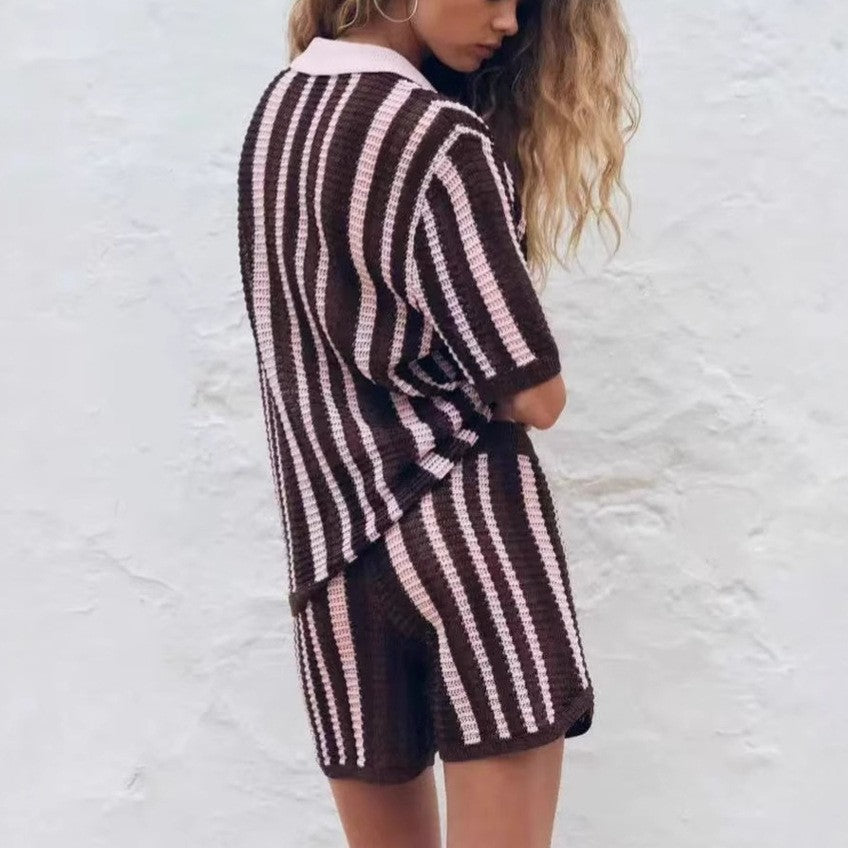Fashion Striped Turndown Collar Short-Sleeve Top & Shorts Knit Set 7