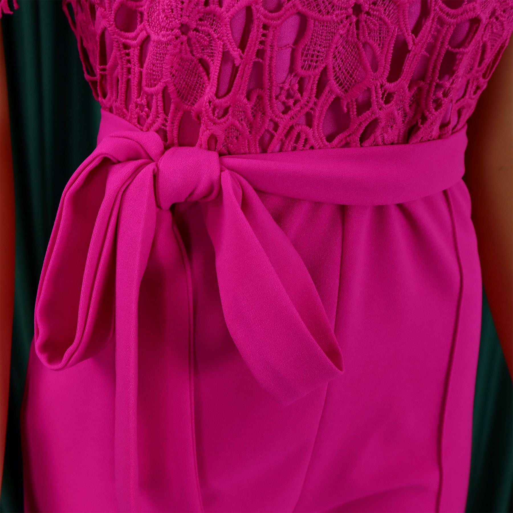 Women's Sexy Lace Hollow Short Sleeve Belt High Waist Wide Leg Jumpsuit 31