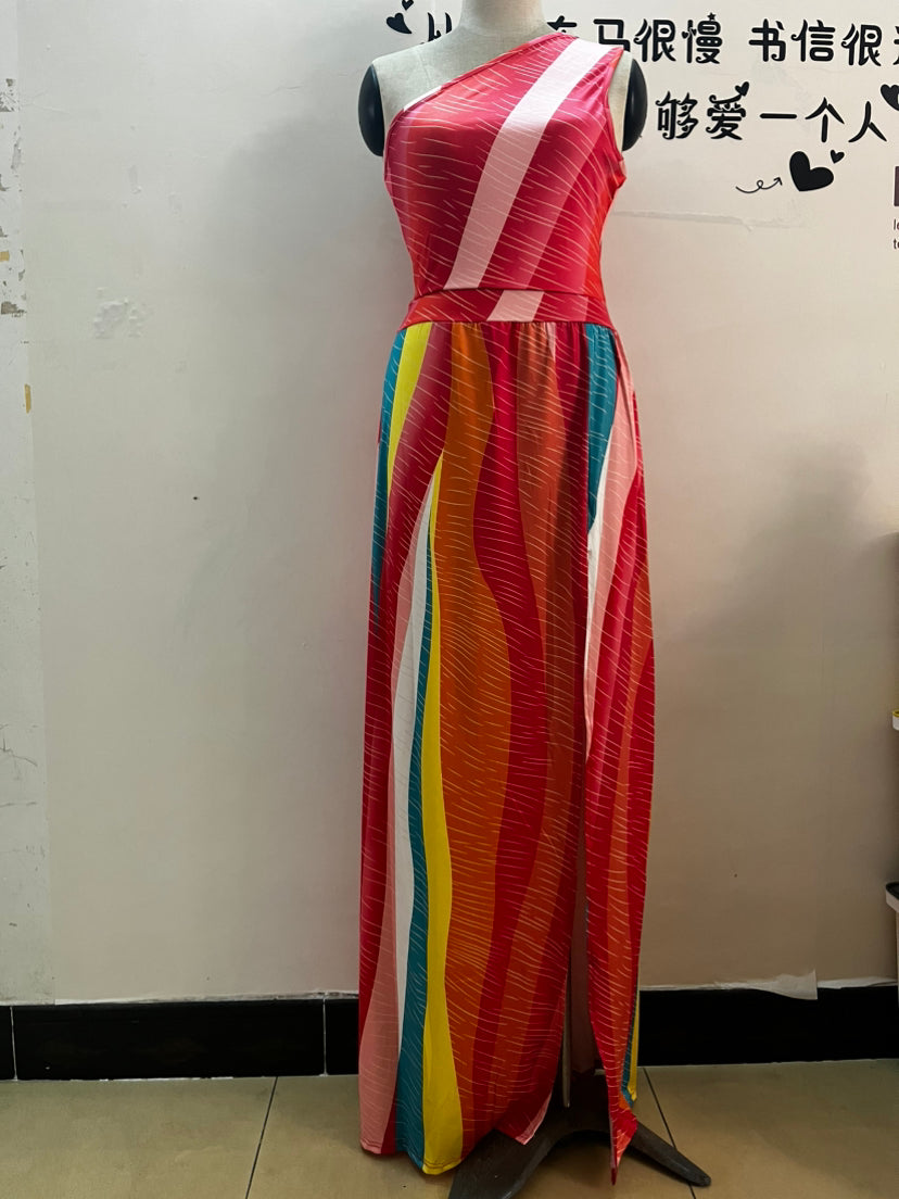Ladies High Waist Sexy Printed Slit One Shoulder Dress 7