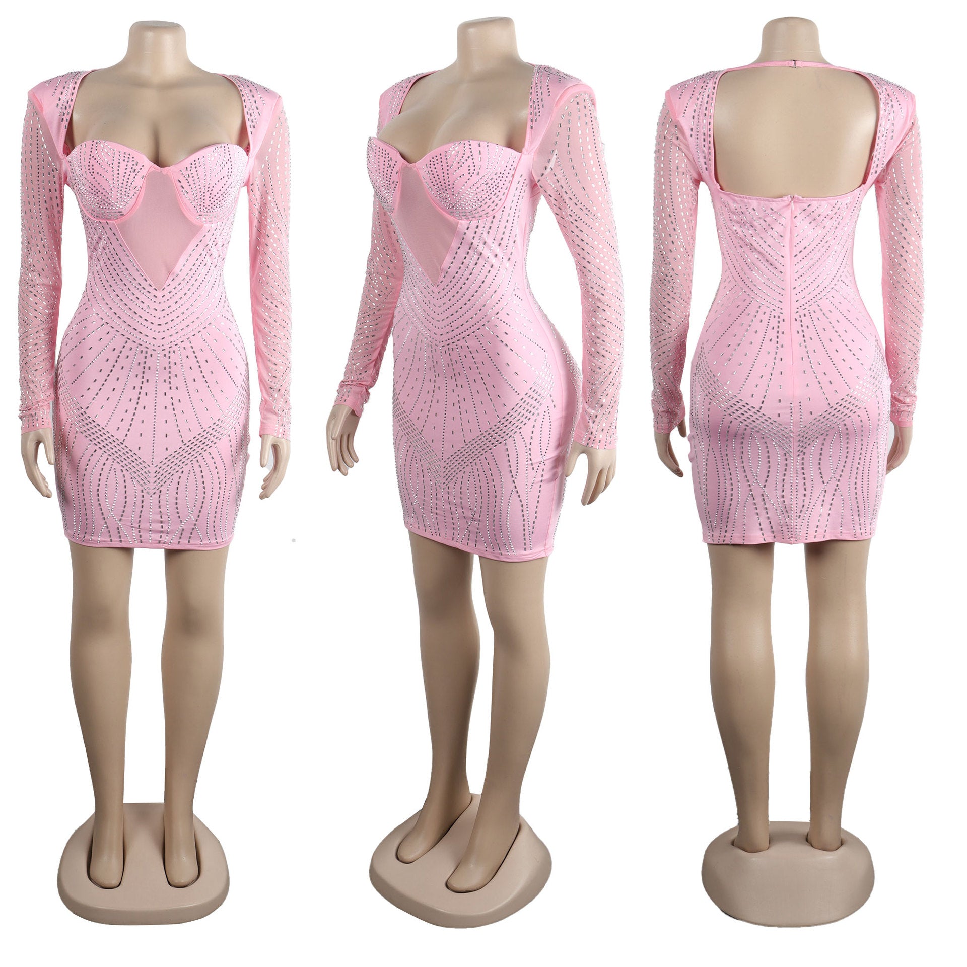 Women Sexy Long Sleeve Beaded Backless Hollow Solid Dress 21