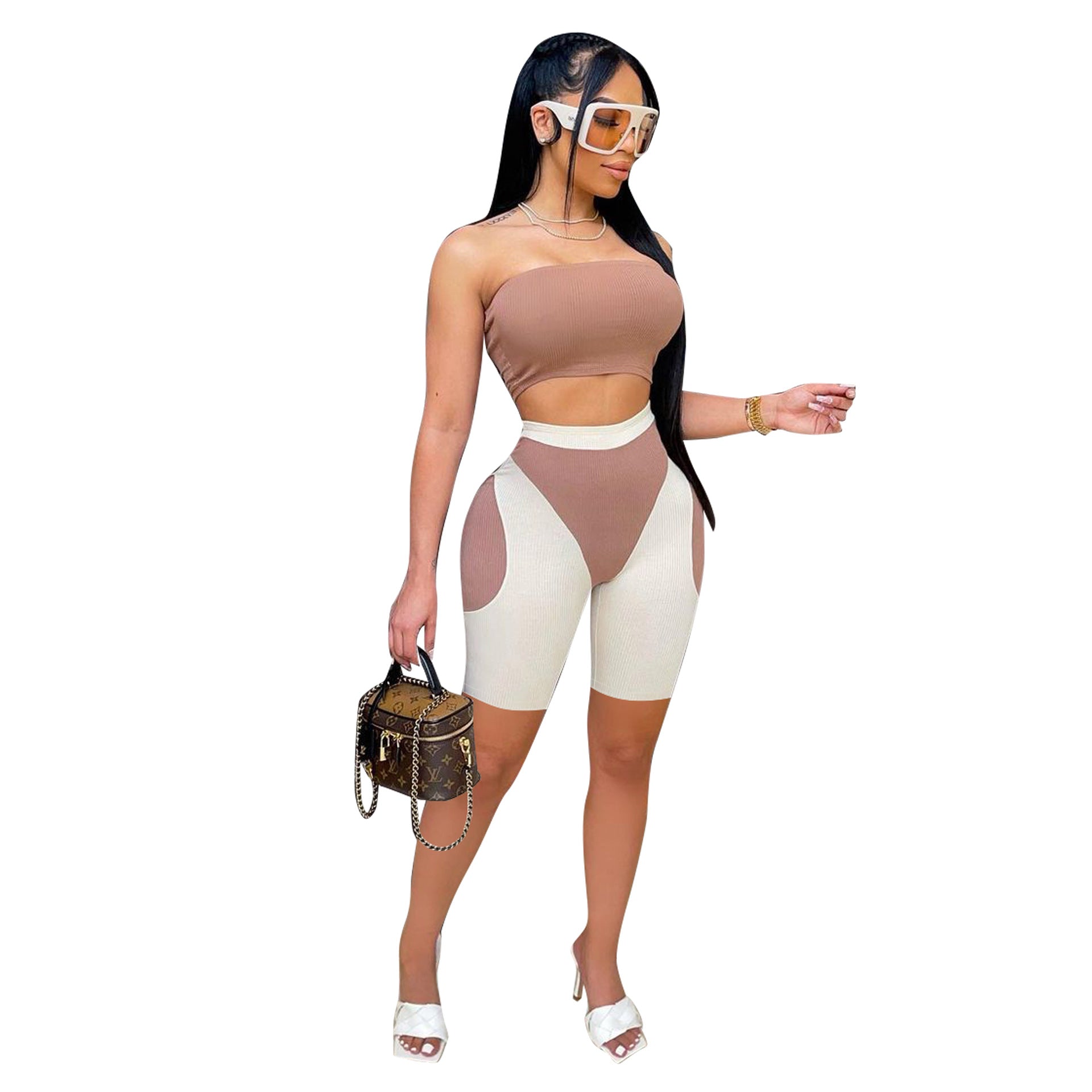 Women's summer fashionable color matching tight fitting strapless two-piece shorts set 12