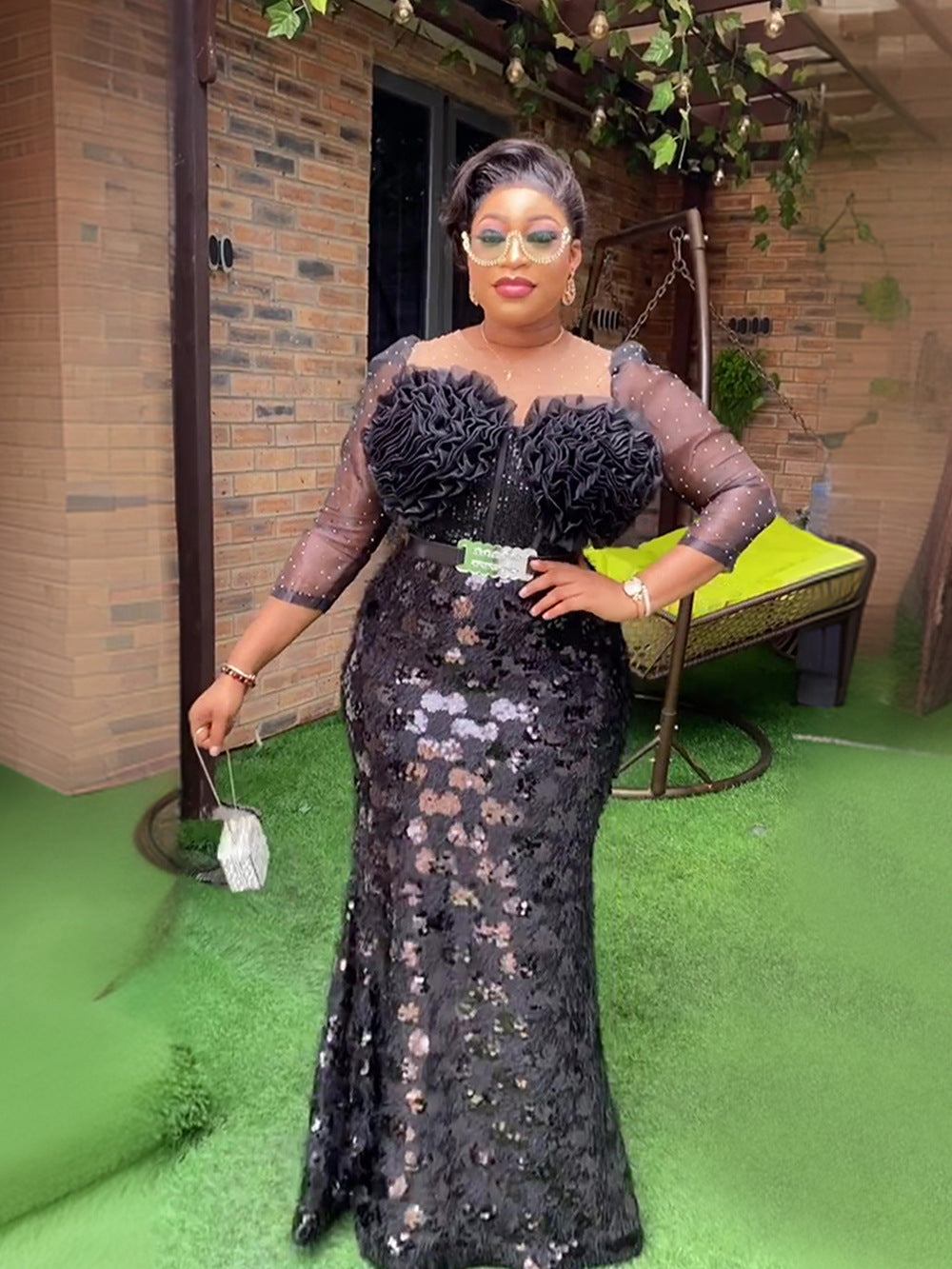 Plus Size Women African Formal Party Party Patchwork Sequin Flower Dress 6