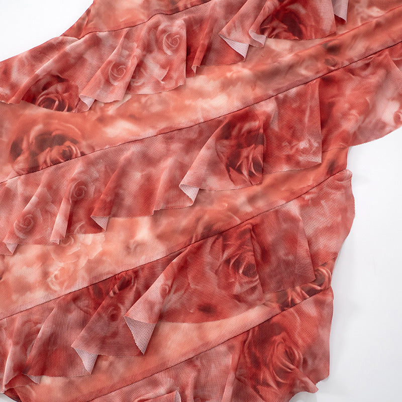 Women's Spring/Summer Flounce Mesh Strapless Mini Rose Print Bodycon Dress 24