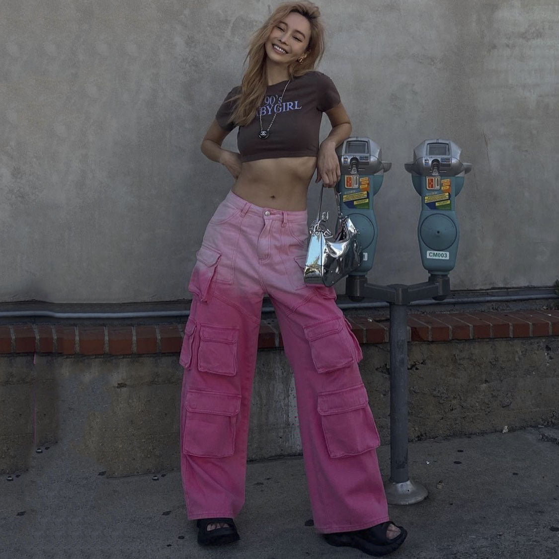 Women Summer Gradient Wash Casual Pants Contrast Color Pockets Loose Cargo Denim Pants Women