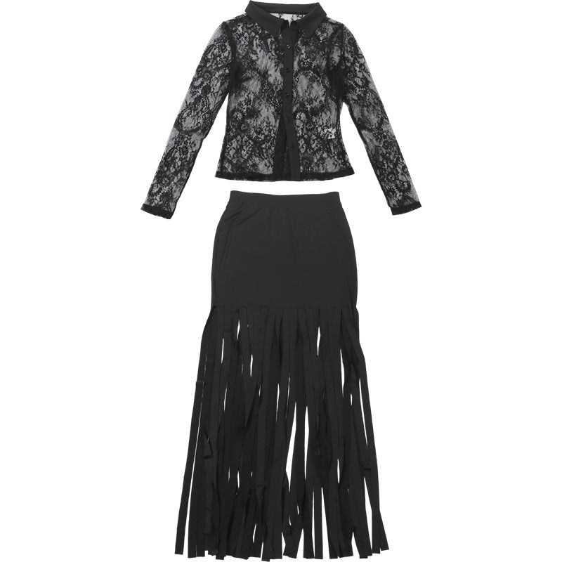 Women autumn sexy mesh see-through top and long skirt two-piece set 8