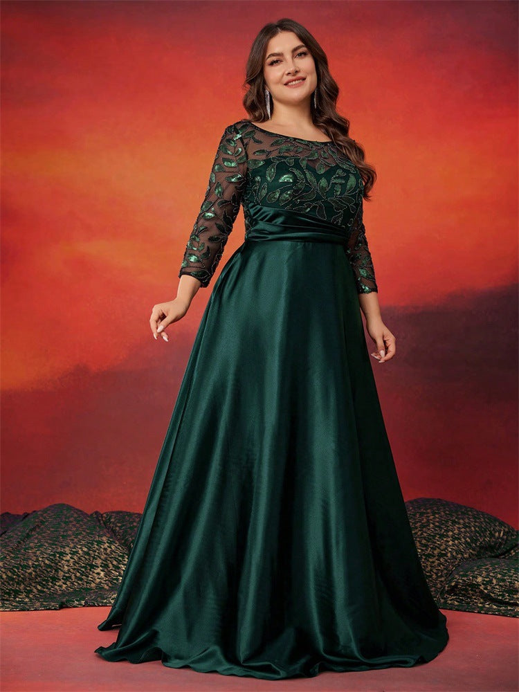 Plus Size Women Sequin Round Neck Patchwork Formal Party Elegant Evening Dress 5