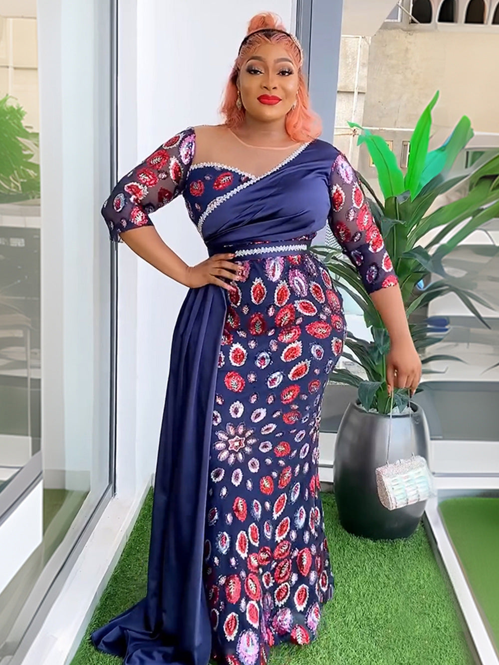 Patchwork Contrast African Women's Plus Size High Waist Sequin Long Dress