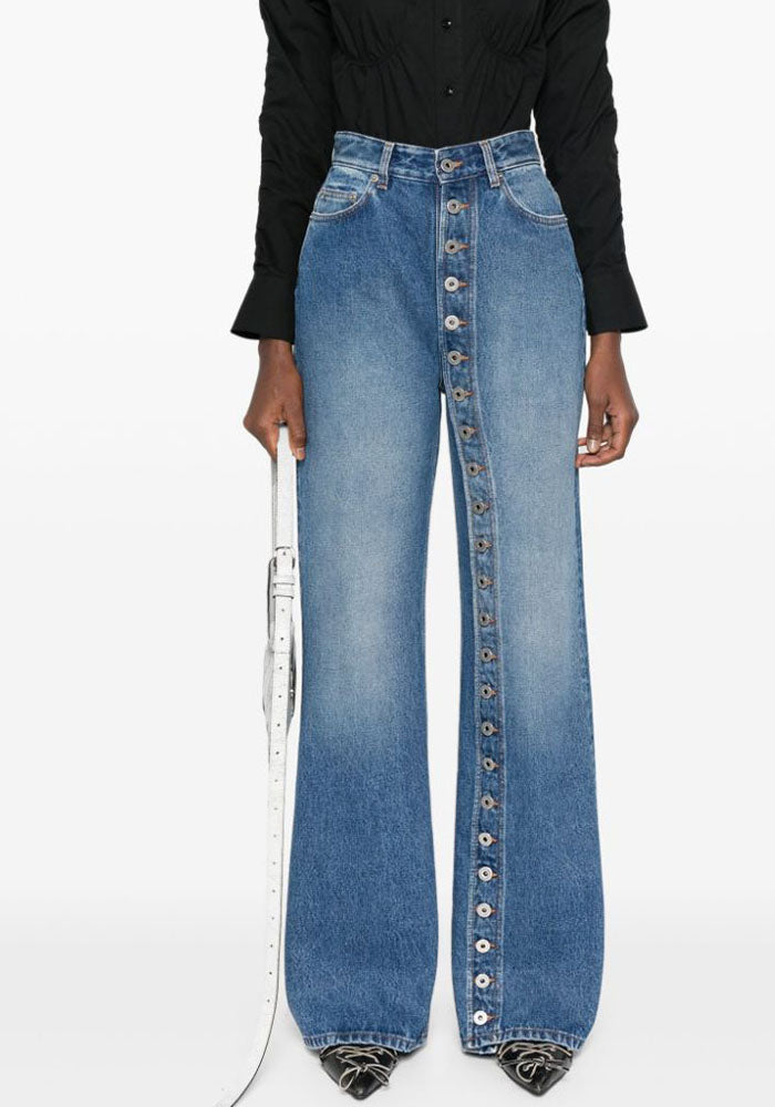 High Waist Elastic Button Straight-Leg Denim Pants