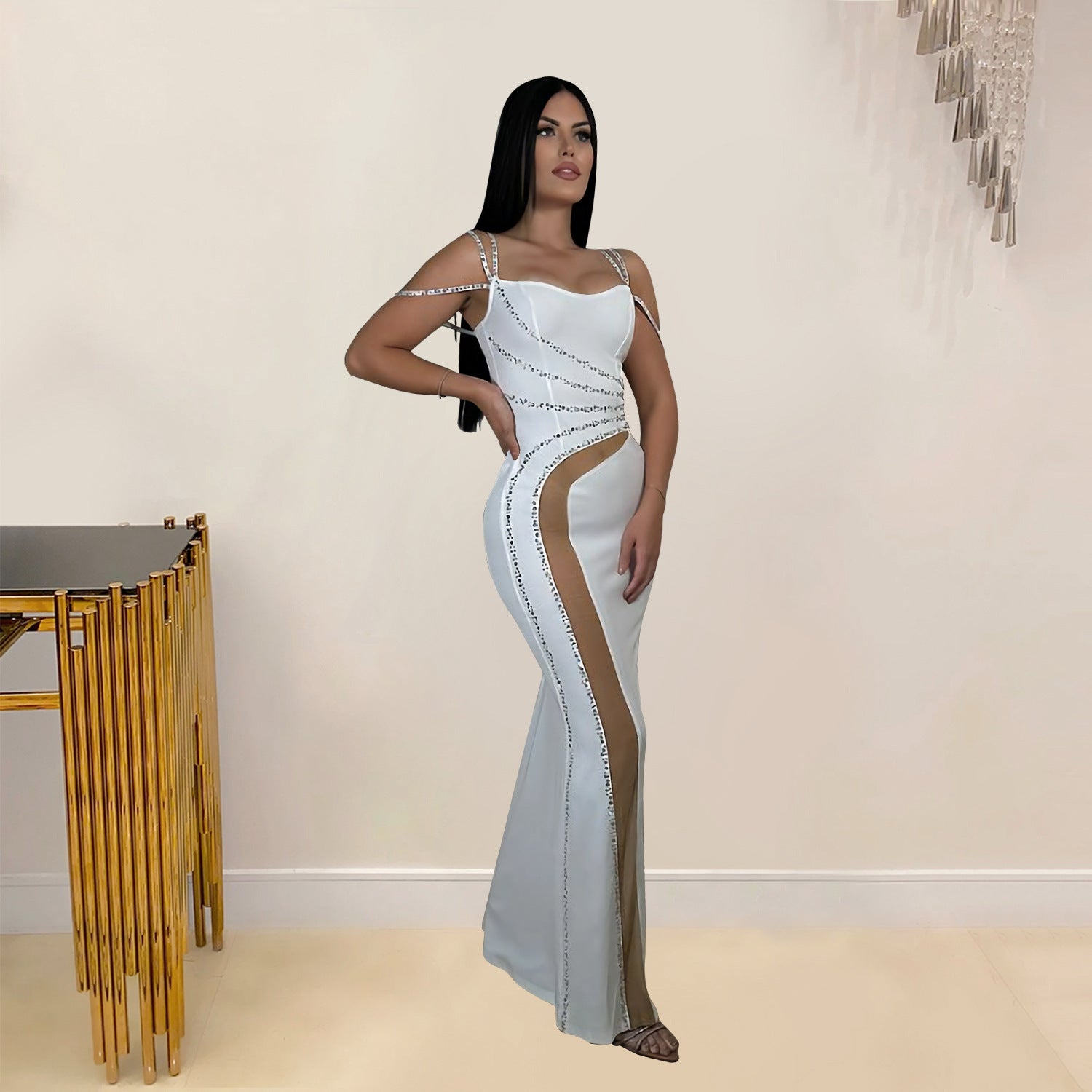 Fashion Women's Beaded Strap Off Shoulder Solid Color Mesh Patchwork Evening Dress 5