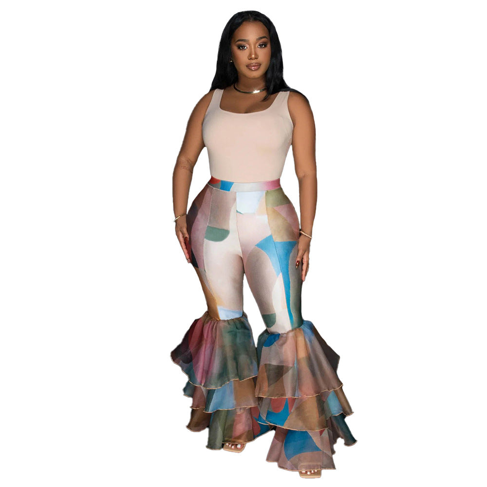 Women's Tie-dye Print Bell Bottom Pants Ruffled trousers 6