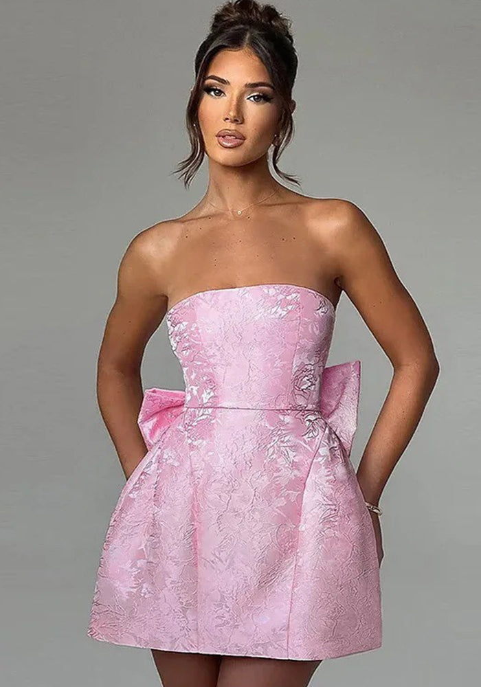 Women's Summer Solid Color Jacquard Strapless Bow Party Dress