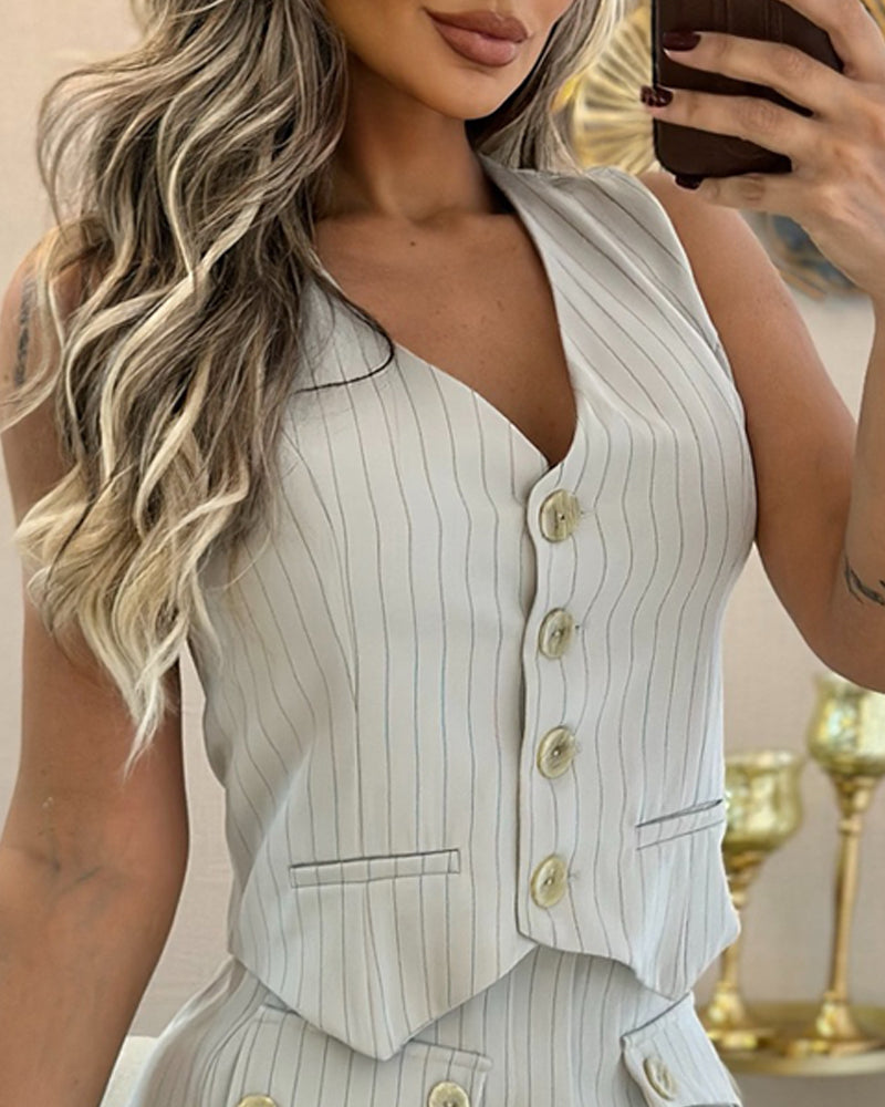 Women Striped Sleeveless Vest And Skirt Two-piece Set 3