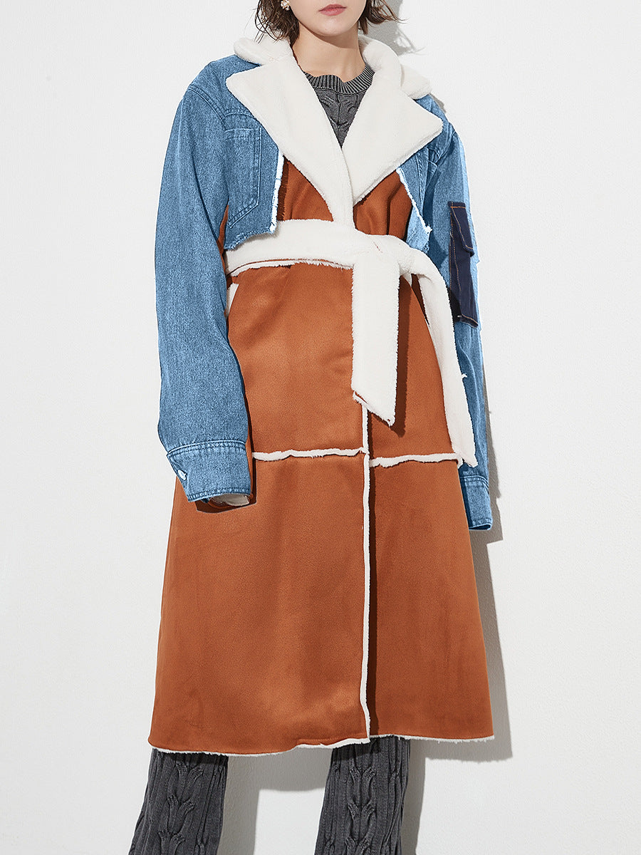 Women Autumn/Winter Turndown Collar Long Sleeve Lace-Fly Lamb Maxi Colorblock Denim Coat 4