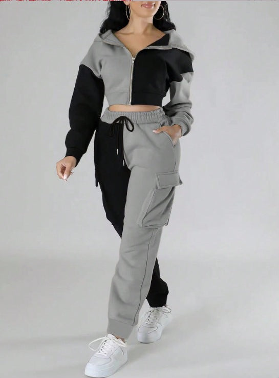 Sporty Women's Set Trendy Color-Block Cropped Hoodie & Cargo Joggers Two-Piece 8