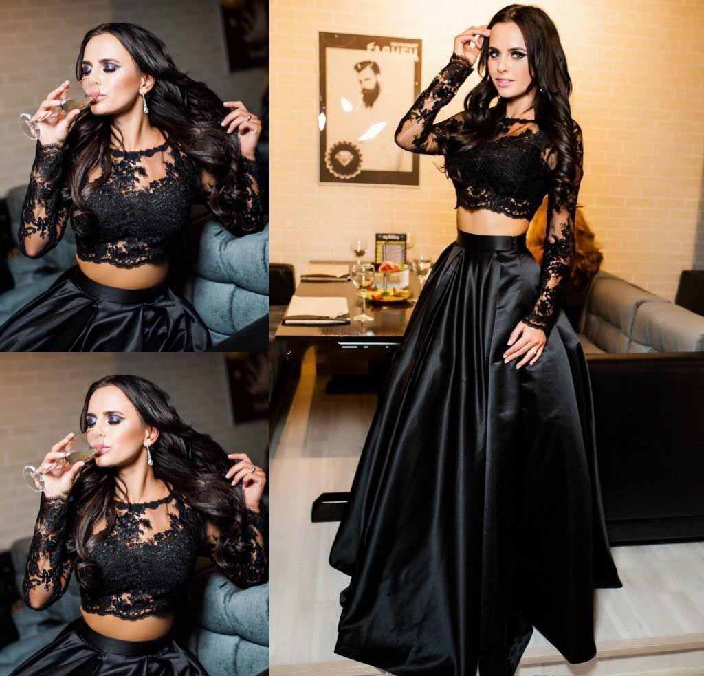 Elegant Black lacemesh Embroidered Long Sleeve Two-Piece Party Skirt Set