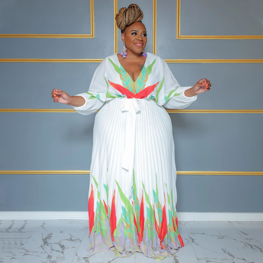 Plus Size Women's Chic V-Neck Slim Waist Printed Pleated Maxi Dress 6