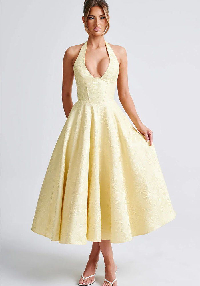 V Neck Halter Neck Jacquard Lace Long Dress Slim Waist Holiday Gown