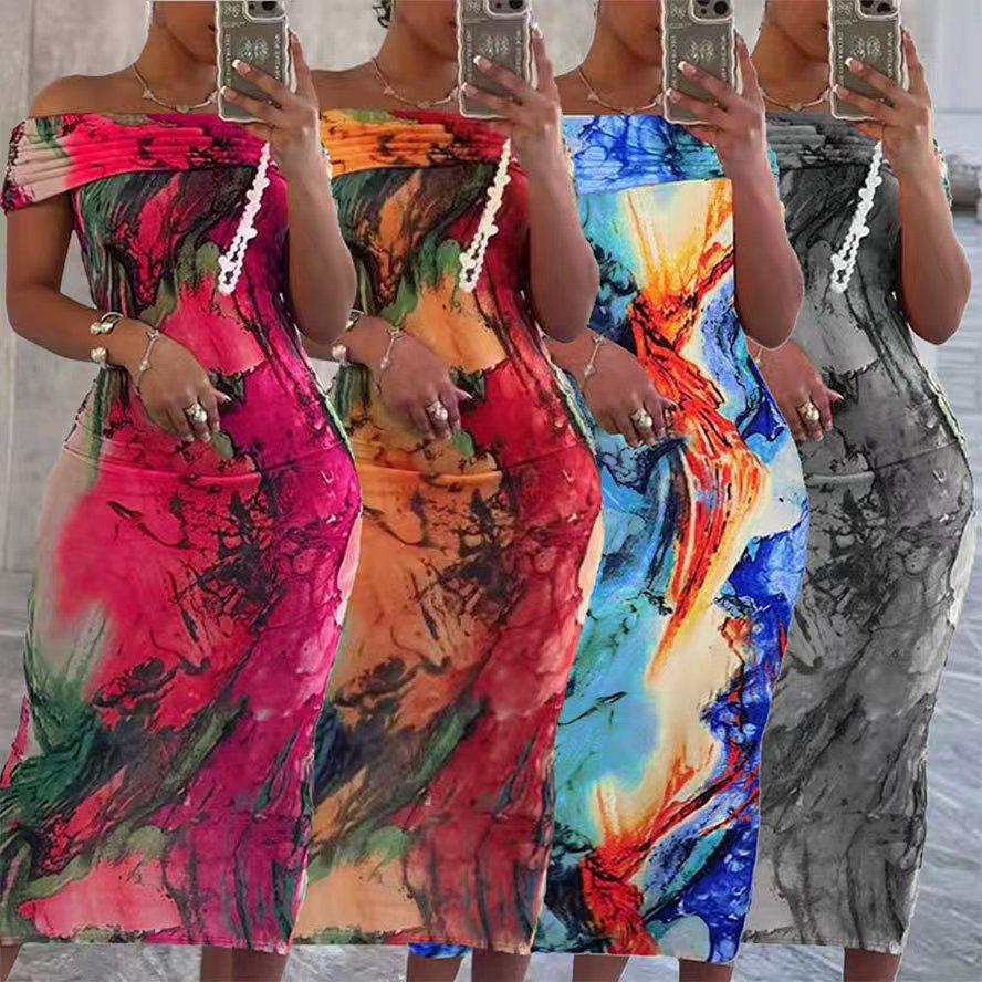 Women Sleeve Casual Sexy Off Shoulder Print Sleeveless Stretchy Bodycon Dress 10