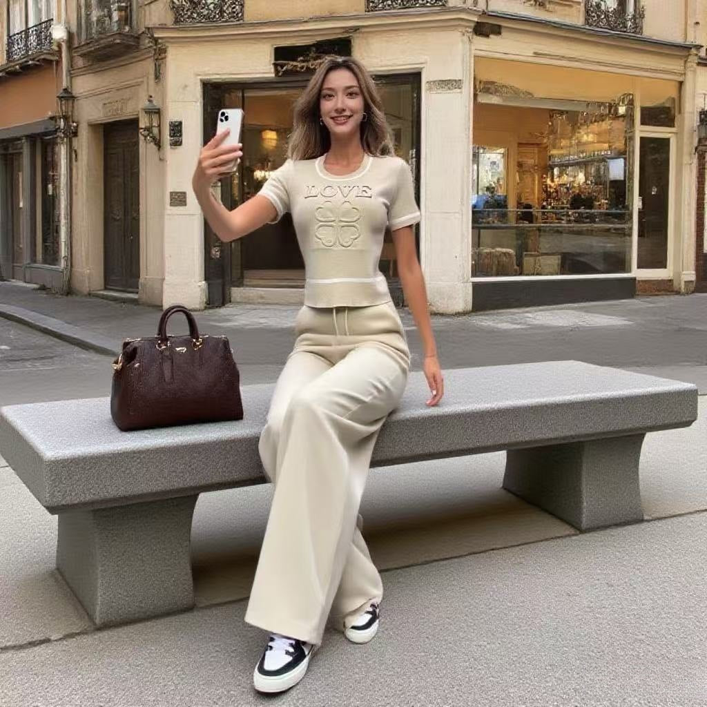 Spring/Summer Casual Knit Set Letter & Heart Print Short-Sleeve Top + High-Waist Pants 3