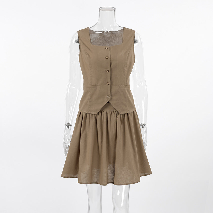 Summer Fashion Cotton Khaki Women's Sleeveless Vest Top Short-Skirt Two-Piece Set 10