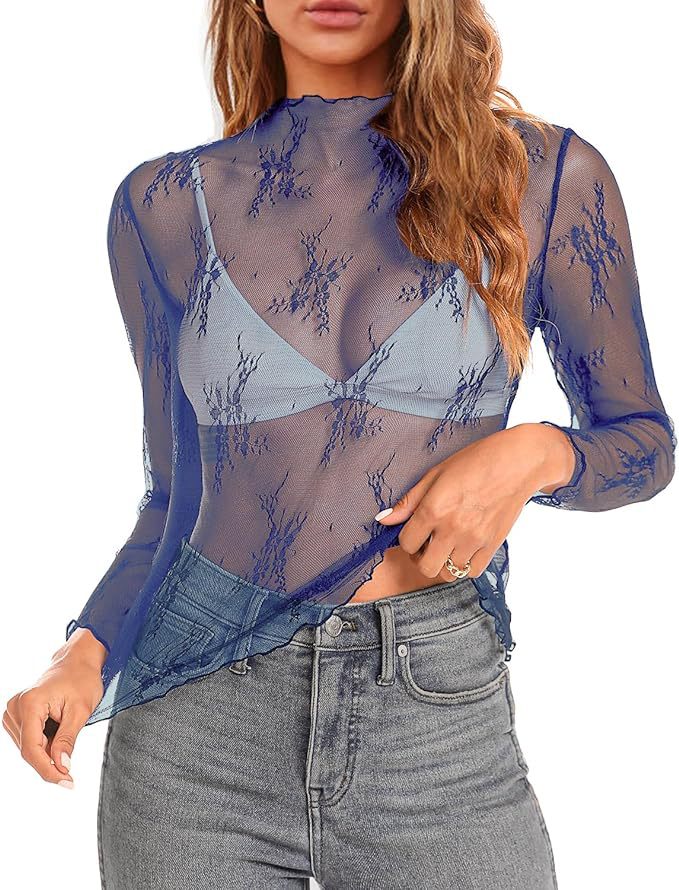 Women mesh long-sleeved floral embroidery See-Through Basic Top 8
