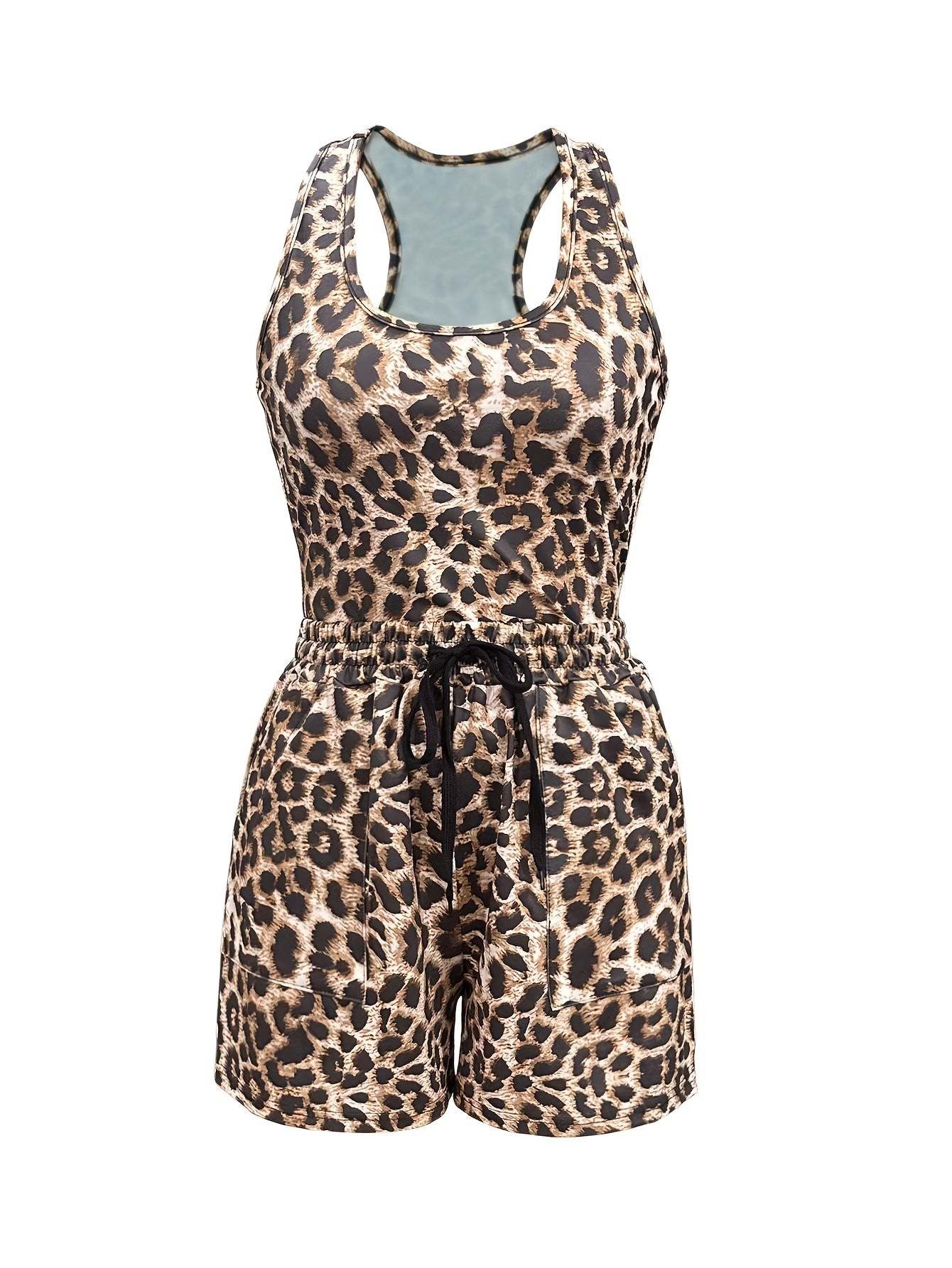 Women Leopard Print Suspender Top and Lace-up pocket shorts two-piece set 5