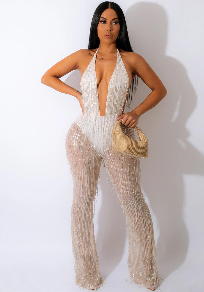 Women'S Fashion Sequined Tassel Mesh Halter Backless Nightclub Jumpsuit