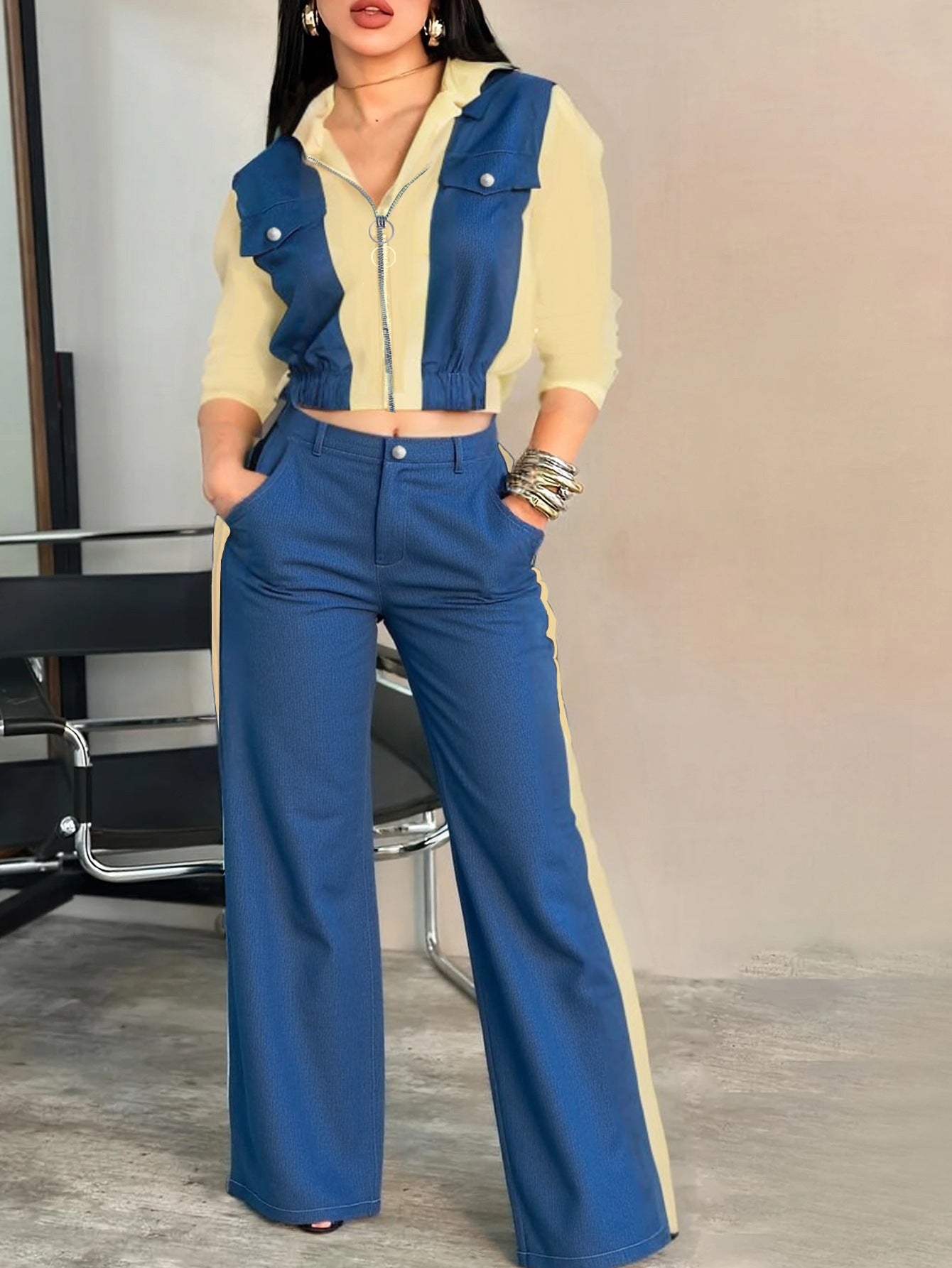 Women Sporty Casual Denim Contrast Zippered Jacket and Wide-Leg Pants Two-Piece Set 4