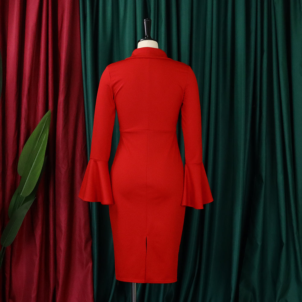 Women's Fall Winter V-Neck Chic Elegant Bell Bottom Sleeve Slit Bodycon Dress 15