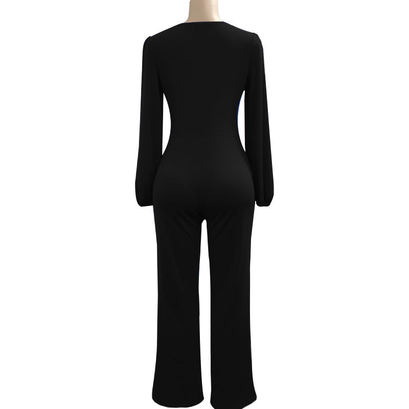 Women Sexy Long Sleeve V Neck Solid Jumpsuit 3