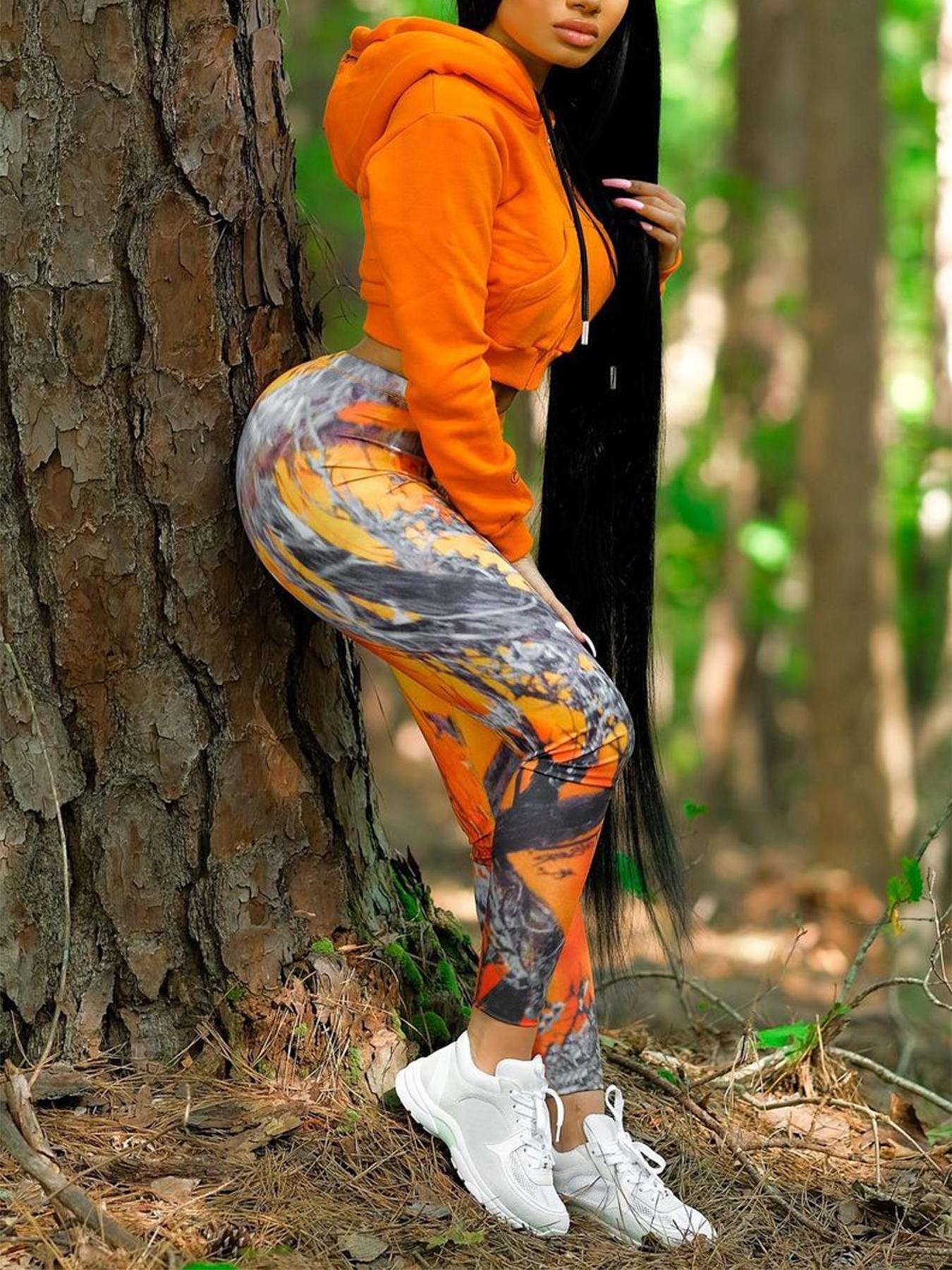 Women Casual Zipper Long Sleeve Top and Print Pants Two-Piece Set 9