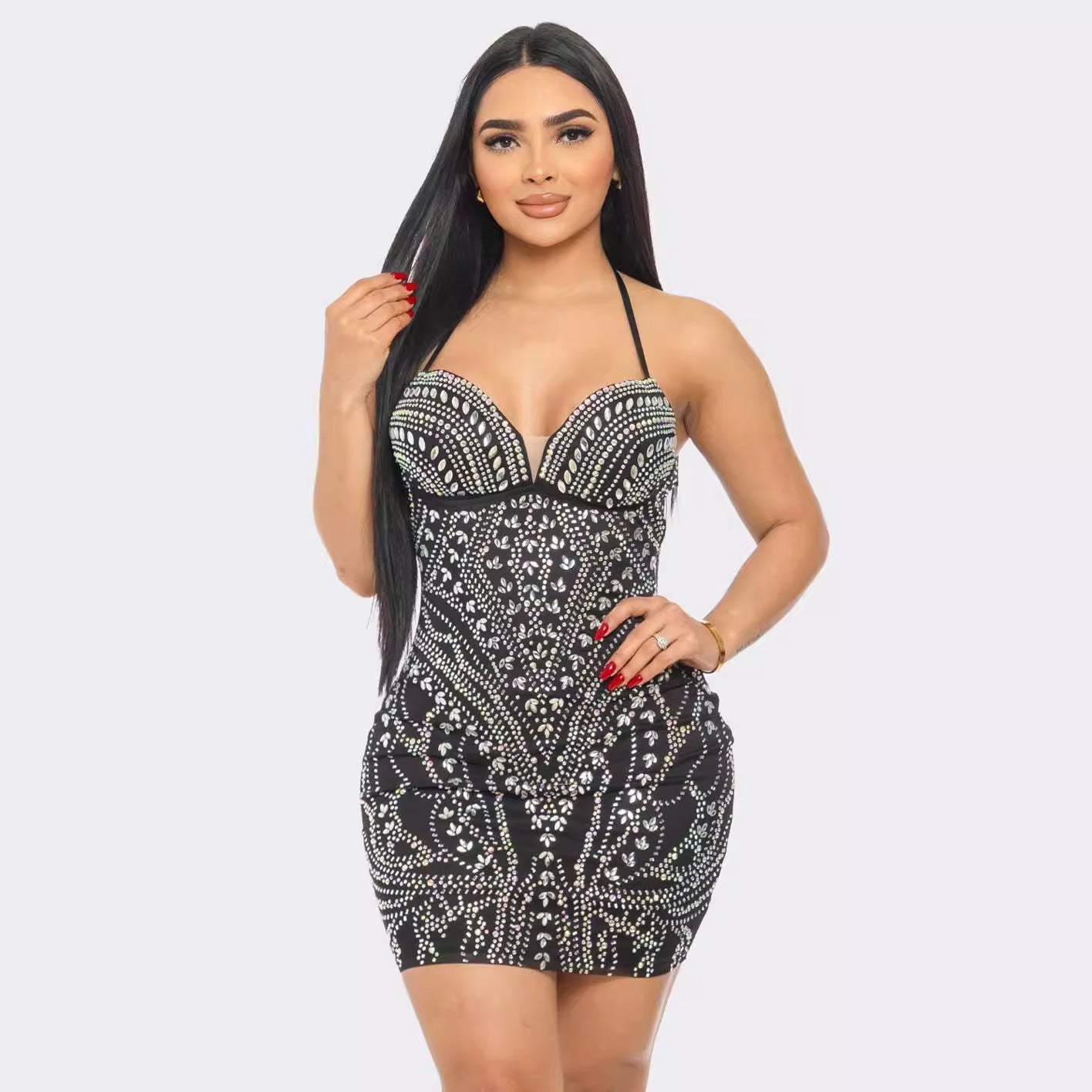 Women Sexy Beaded Halter Neck Bodycon Stretch Dress