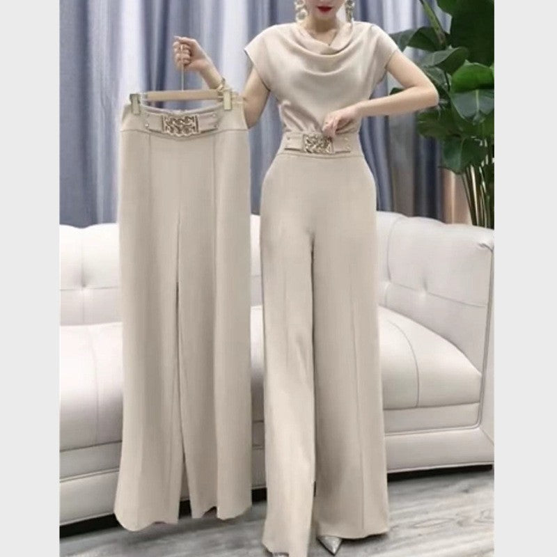 Fashion Suit Pile Collar Slim Fit Small Shirt + Wide Leg Pants Set 10