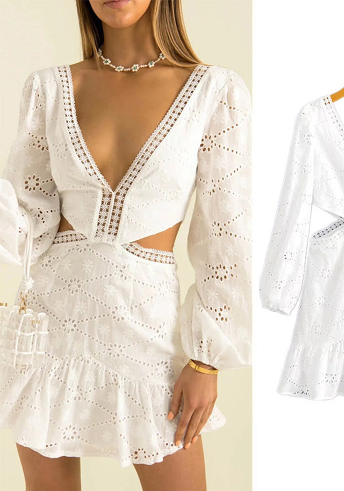 Women Sexy V-neck Lace Hollow Ruffle Dress