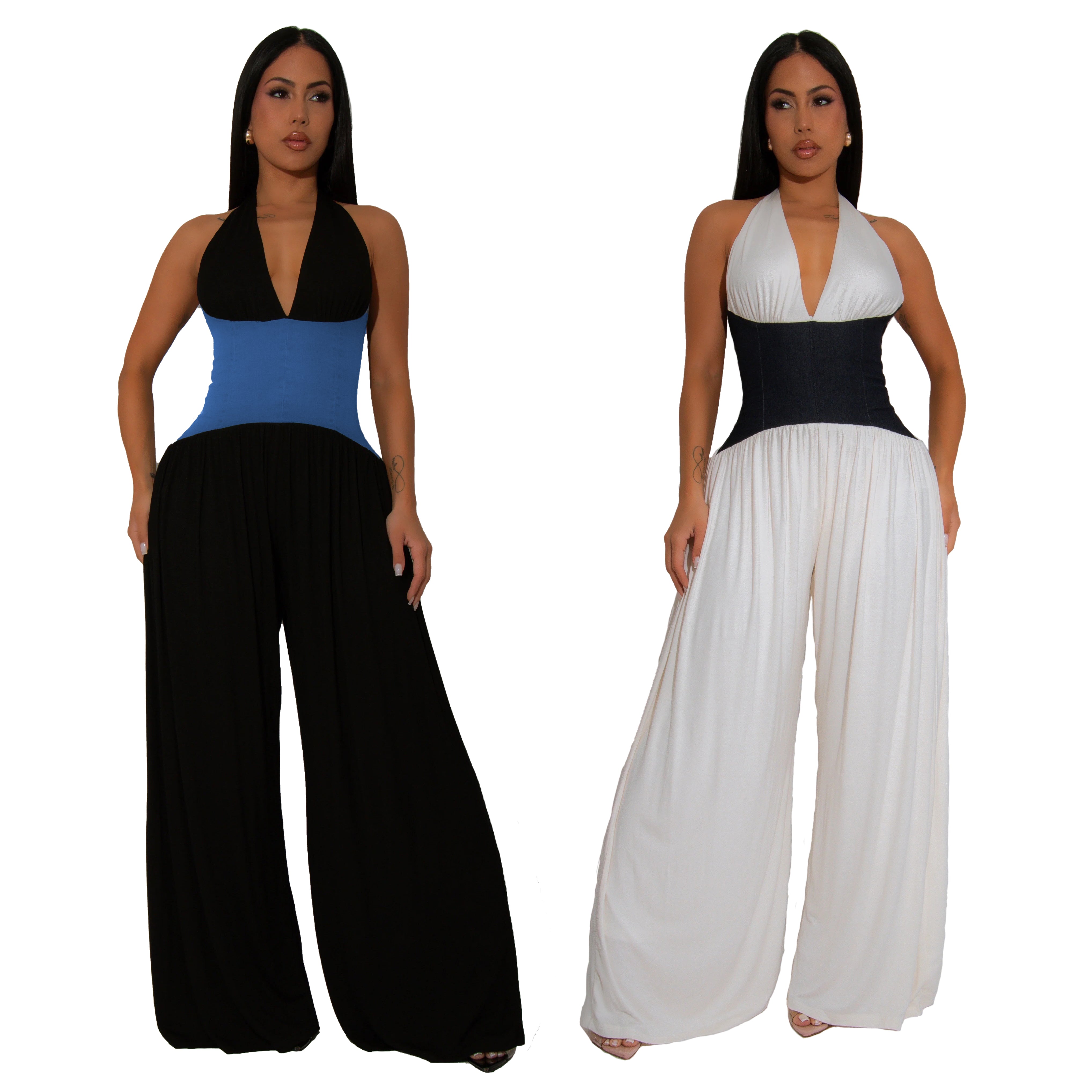 Women Halter Neck Sleeveless Patchwork Wide-leg Jumpsuits 13