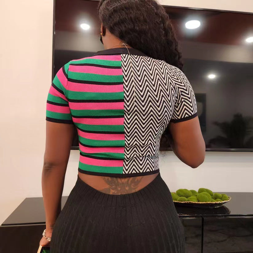 Women Patchwork Contrast Color Polo Shirt V-Neck Short Sleeve T-Shirt 8