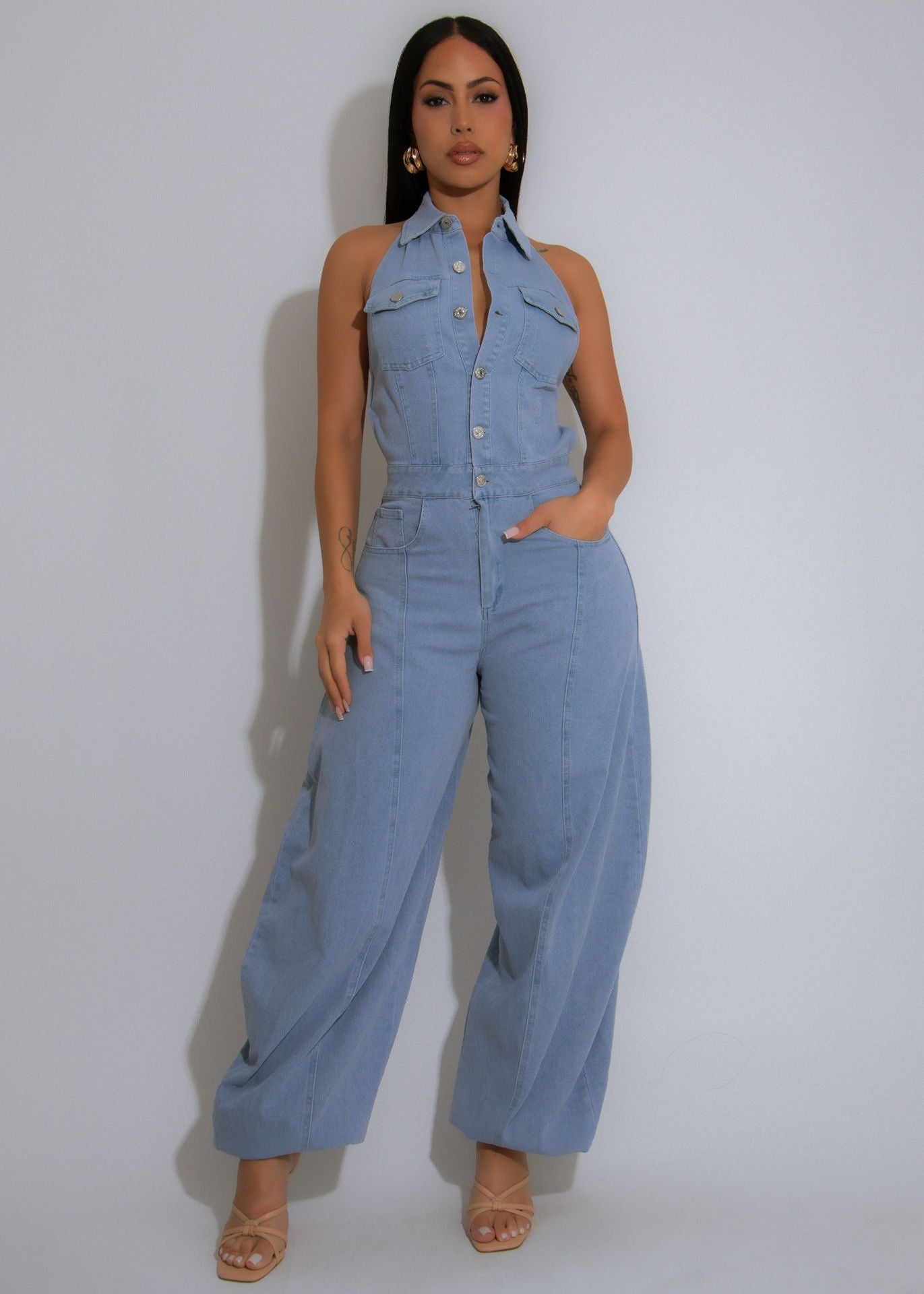 Sleeveless Low Back Washed High Stretch Casual Denim Jumpsuit