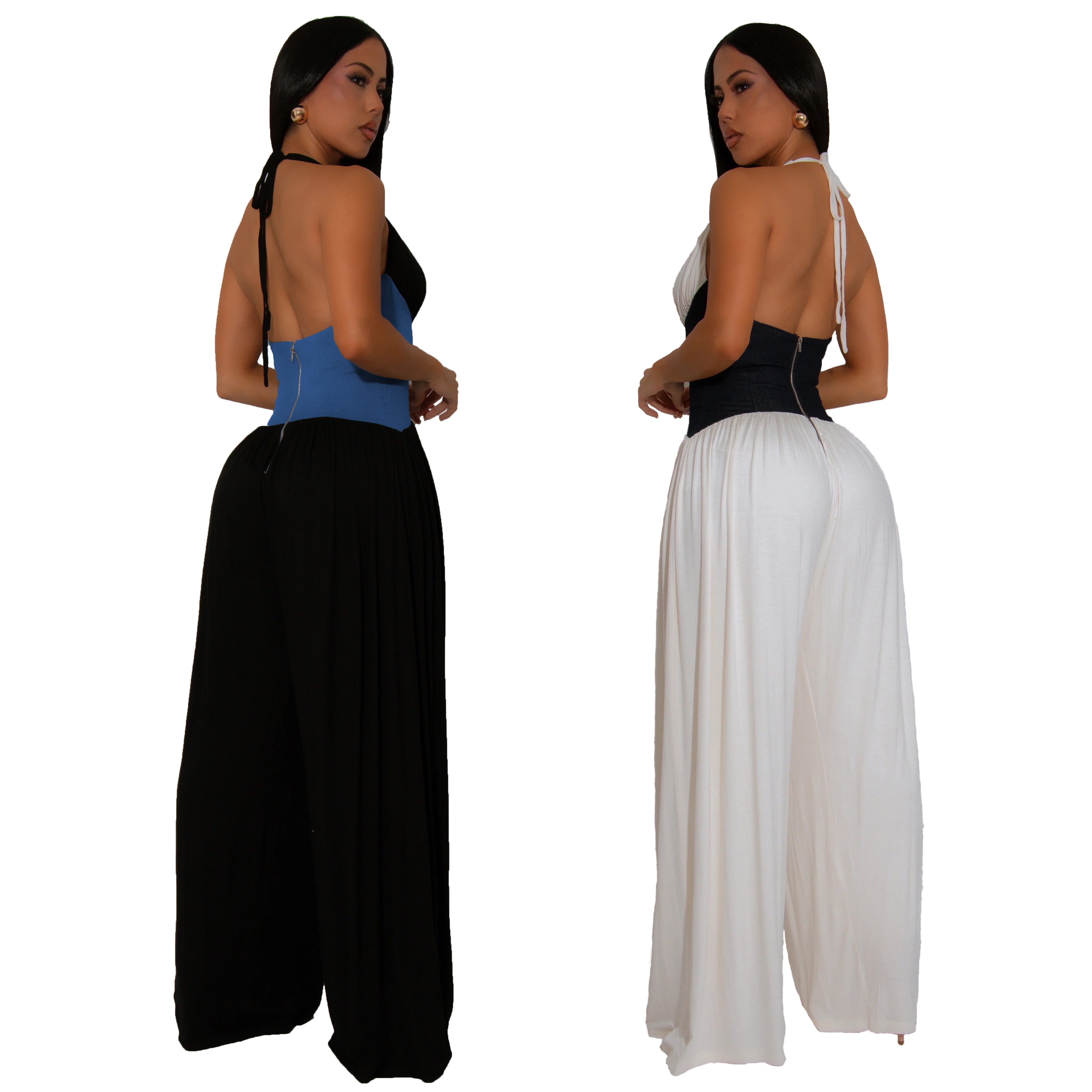Women Halter Neck Sleeveless Patchwork Wide-leg Jumpsuits 14