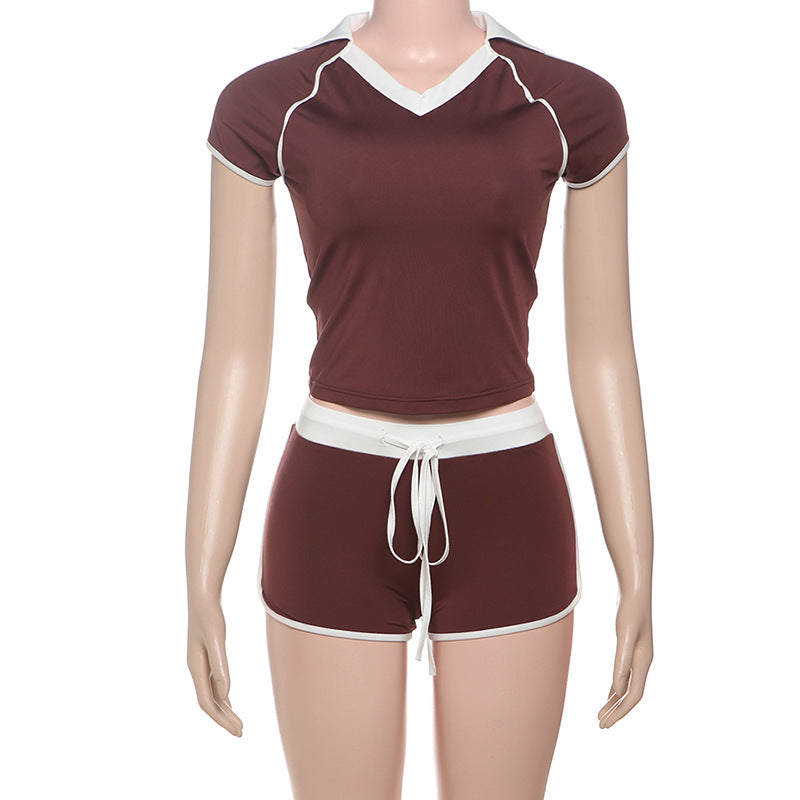 Women Spring Summer Sexy Short Sleeve Top and Shorts Two-Piece Set 7