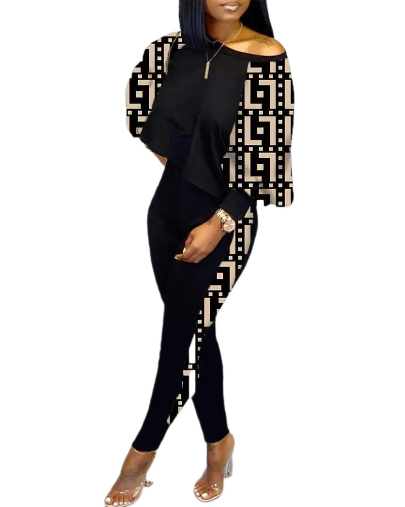 Women Long Sleeve Round Neck Print Off Shoulder Top and Pant Casual Two Piece Set 18