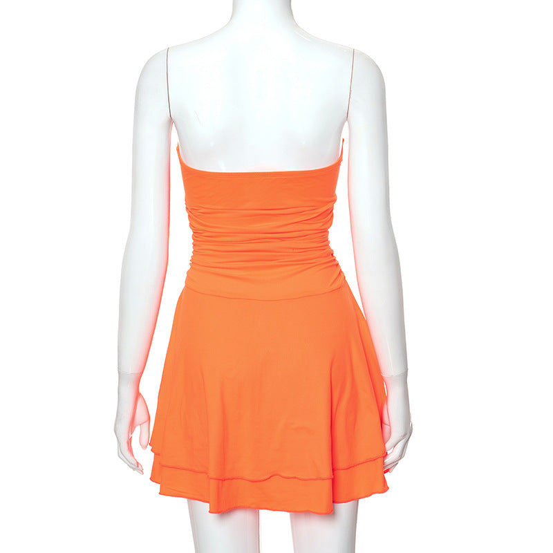 Women Pleated Skirt Solid Strapless Dress 13