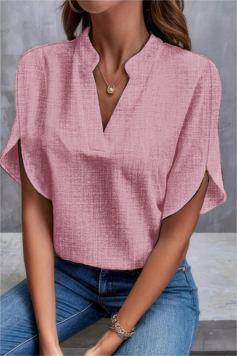 Women Summer Solid V-Neck Off-Shoulder Loose Shirt 11