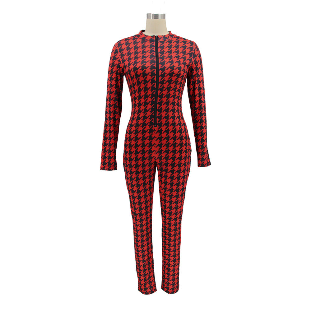 Spring Women's Plaid Print Round Neck Zipper Casual Jumpsuit 22