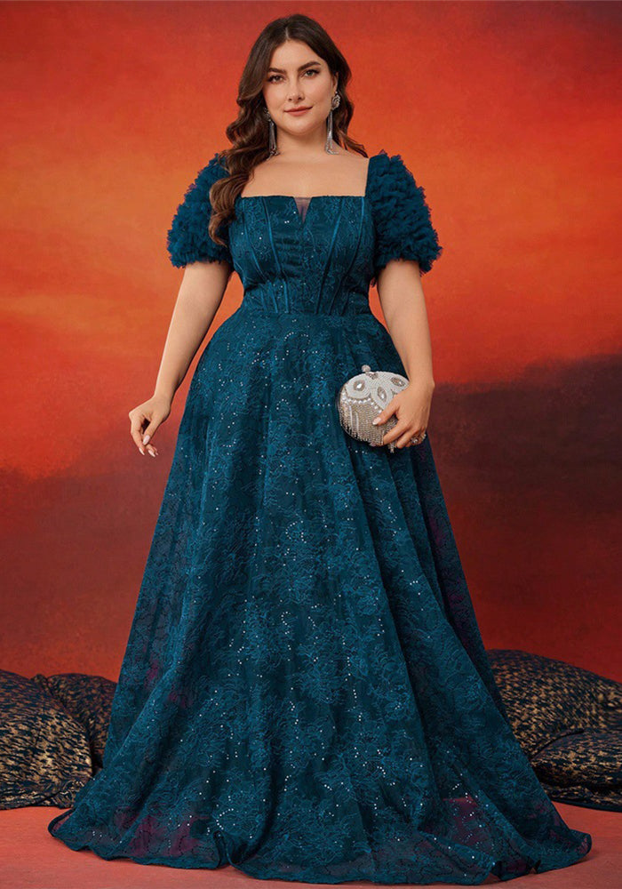 Plus Size A-Line Elegant Square Neck Short-Sleeve Party Dress Slim Waist Chic Ball Gown