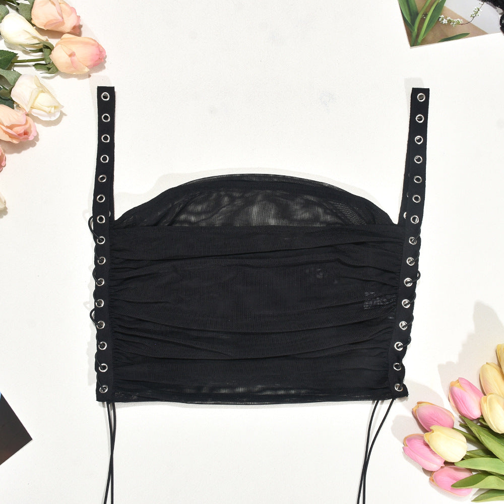 Spring Crop Low Back Mesh Strap Pants Set For Women