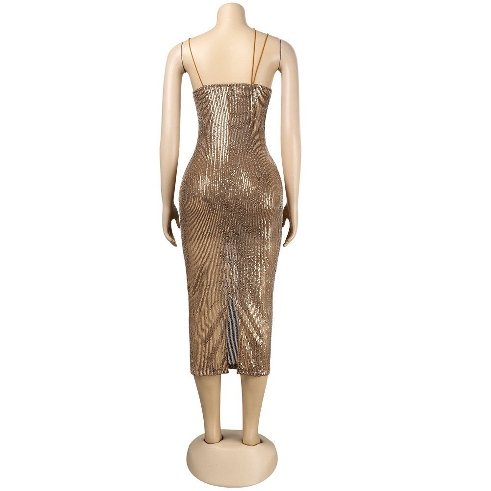 Women sequined suspenders sexy Backless Bodycon Dress 9