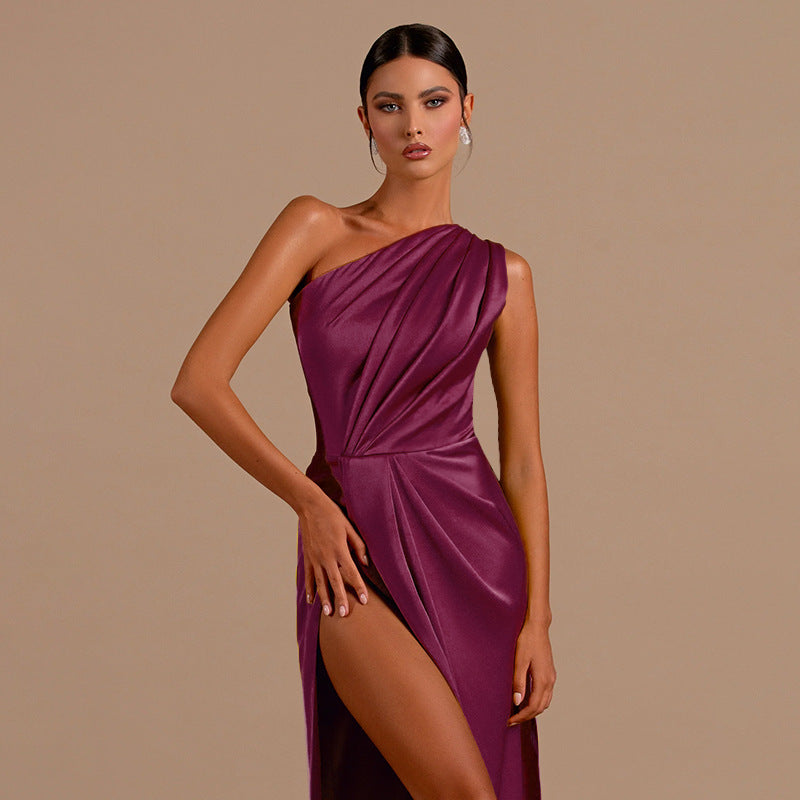 Women one-shoulder sexy slit satin dress dress
