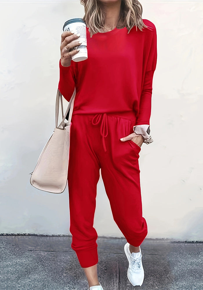 Autumn and Winter Women's Clothing Round Neck Loose Solid Color Long Casual Two-piece Pants Set